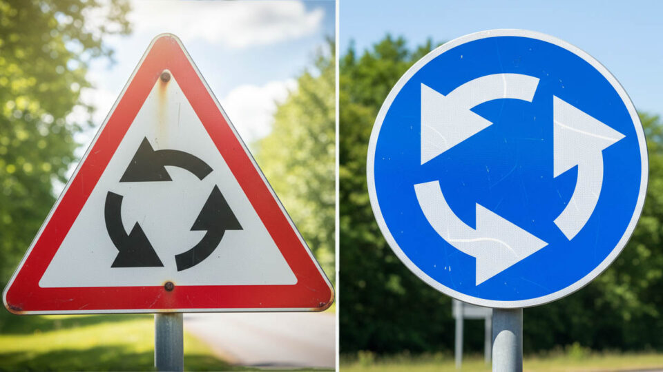 Знаки 1.7. “Пересечение с круговым движением” (слева), 4.3. “Круговое движение”. Фото: Ян Ляпин / Нейросеть