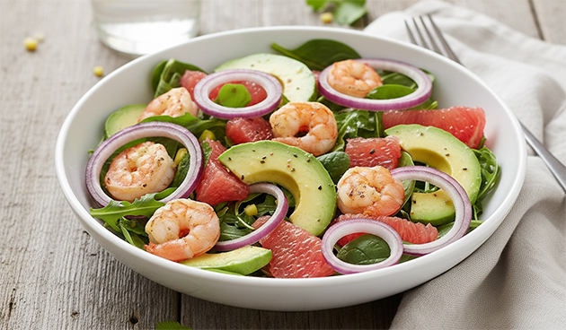 Салат с авокадо, грейпфрутом и креветками