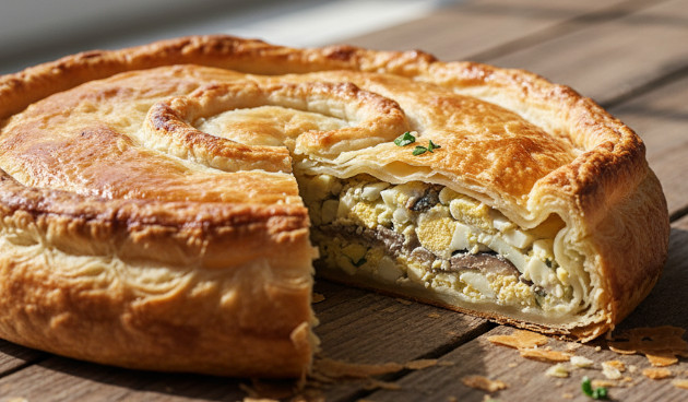 Пирог из слоеного теста с яйцами и шпротами
