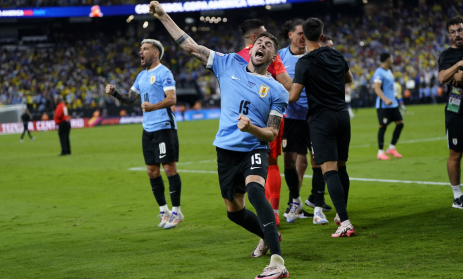Jul 6, 2024; Las Vegas, NV, USA; Uruguay midfielder Federico Valverde (15) reacts after defeating Brazil at Allegiant Stadium. Mandatory Credit: Lucas Peltier-USA TODAY Sports